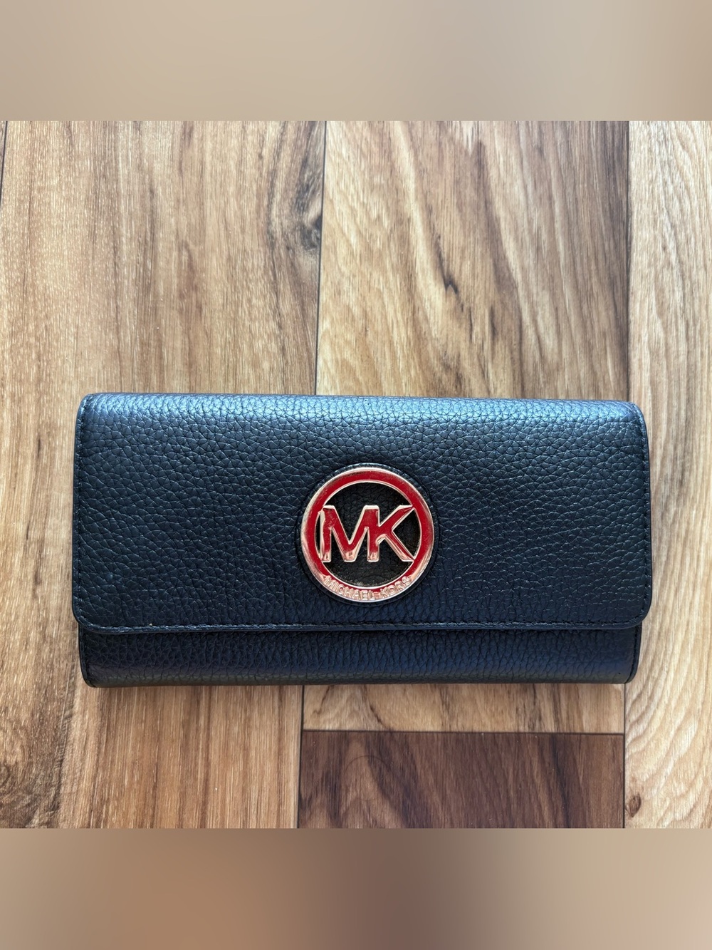 Michael Kors Black Pebbled Leather Continental Wallet with gold MK Emblem